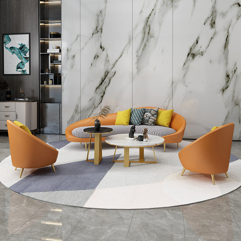 Faux Leather Sloped Arm Sofa Contemporary Curved Sofa in Orange