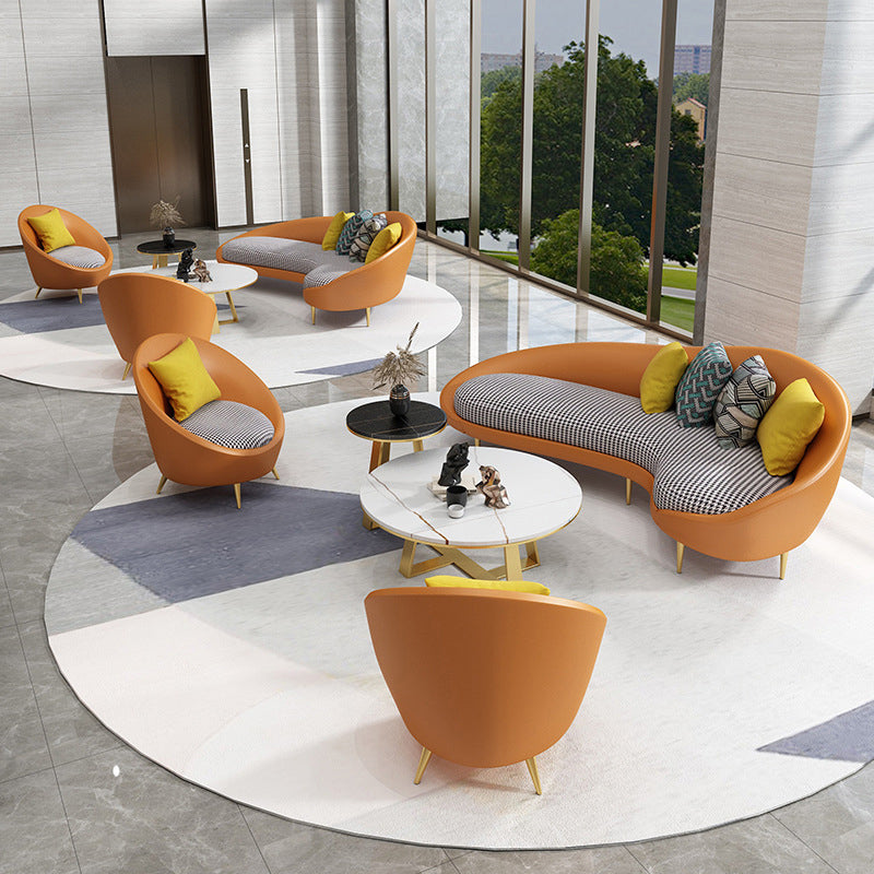 Faux Leather Sloped Arm Sofa Contemporary Curved Sofa in Orange