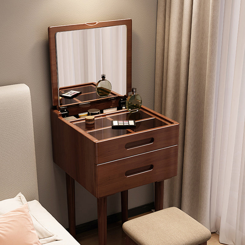 Traditional Solid Wood 2 Drawers Vanity Table with Mirror and Stool