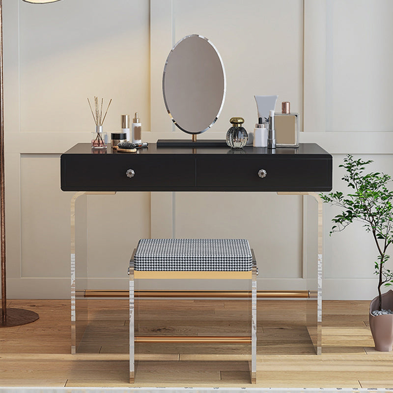 2 Drawers Clear Acrylic Makeup Table Contemporary 17.72" D Vanity Set with Stool & Mirror Makeup Vanity & Mirror & Stools Black Clearhalo 'Bedroom Furniture' 'furn' 'furn_makeup_vanities' 'Furniture' 'Makeup Vanities' 'makeup_vanities' 5631675