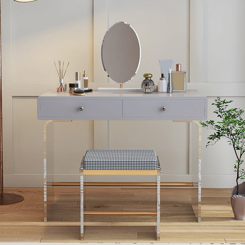 2 Drawers Clear Acrylic Makeup Table Contemporary 17.72" D Vanity Set with Stool & Mirror Makeup Vanity & Mirror & Stools Grey Clearhalo 'Bedroom Furniture' 'furn' 'furn_makeup_vanities' 'Furniture' 'Makeup Vanities' 'makeup_vanities' 5631679
