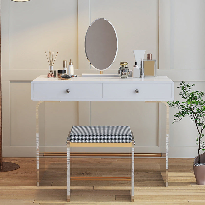 2 Drawers Clear Acrylic Makeup Table Contemporary 17.72" D Vanity Set with Stool & Mirror Makeup Vanity & Mirror & Stools White Clearhalo 'Bedroom Furniture' 'furn' 'furn_makeup_vanities' 'Furniture' 'Makeup Vanities' 'makeup_vanities' 5631682