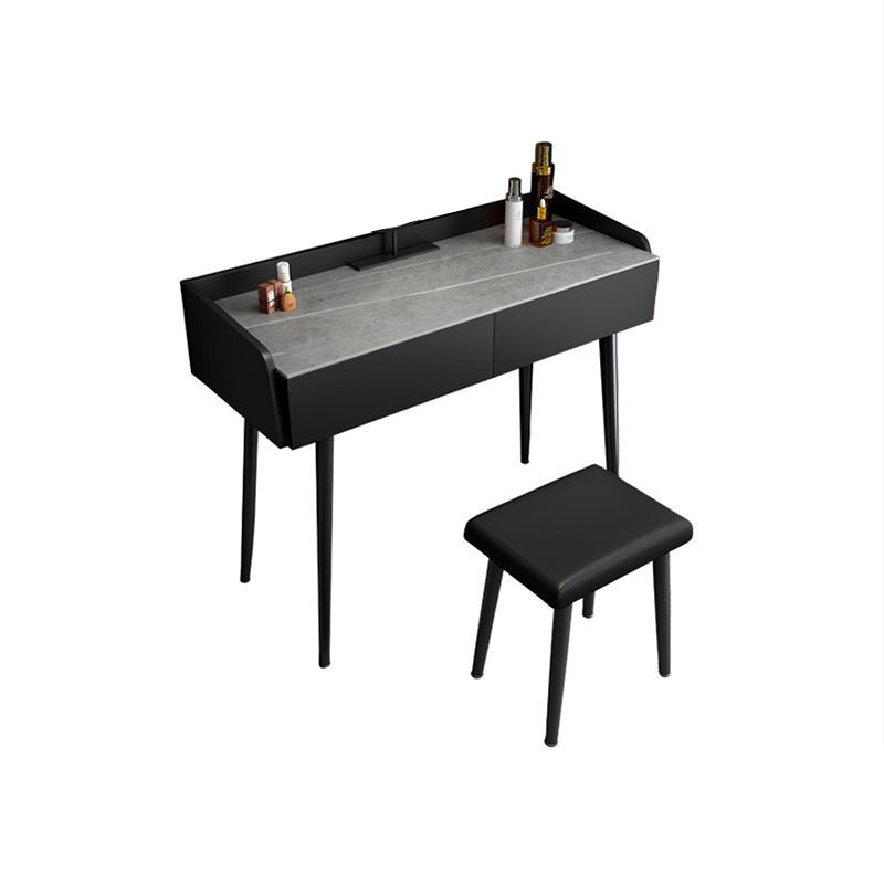 Contemporary Stone Makeup Dressing Table 2-Drawer Vanity Table Set Makeup Vanity & Stools 31"L x 17"W x 31"H Black Gray Clearhalo 'Bedroom Furniture' 'furn' 'furn_makeup_vanities' 'Furniture' 'Makeup Vanities' 'makeup_vanities' 5631748
