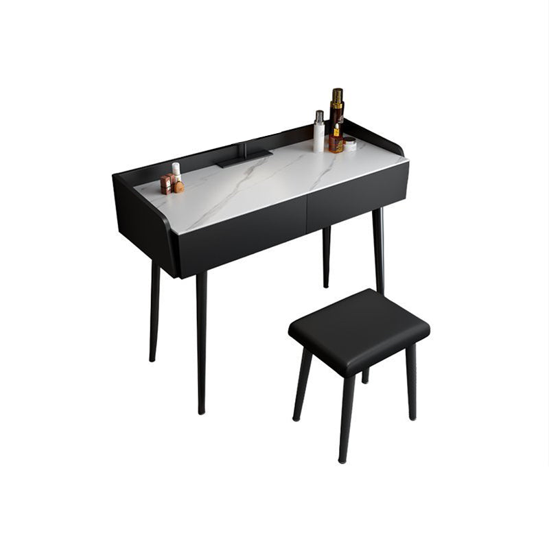 Contemporary Stone Makeup Dressing Table 2-Drawer Vanity Table Set Makeup Vanity & Stools 31"L x 17"W x 31"H Black-White Clearhalo 'Bedroom Furniture' 'furn' 'furn_makeup_vanities' 'Furniture' 'Makeup Vanities' 'makeup_vanities' 5631749