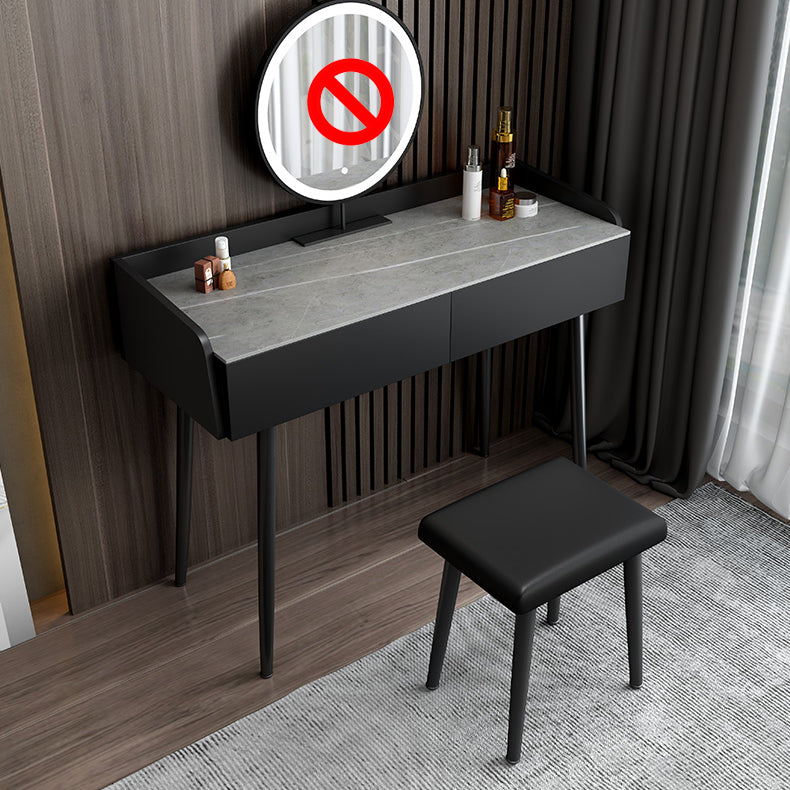 Contemporary Stone Makeup Dressing Table 2-Drawer Vanity Table Set Makeup Vanity & Stools 39"L x 17"W x 31"H Black Gray Clearhalo 'Bedroom Furniture' 'furn' 'furn_makeup_vanities' 'Furniture' 'Makeup Vanities' 'makeup_vanities' 5631763