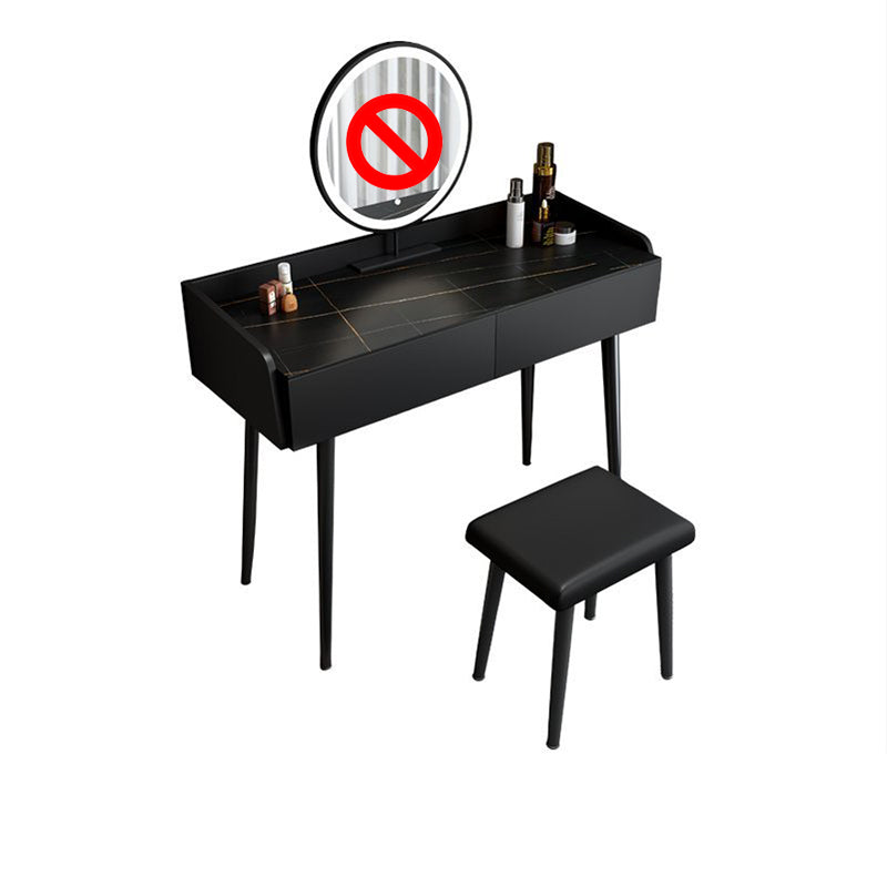 Contemporary Stone Makeup Dressing Table 2-Drawer Vanity Table Set Makeup Vanity & Stools 35.4"L x 16.5"W x 31.5"H Black Clearhalo 'Bedroom Furniture' 'furn' 'furn_makeup_vanities' 'Furniture' 'Makeup Vanities' 'makeup_vanities' 5631769