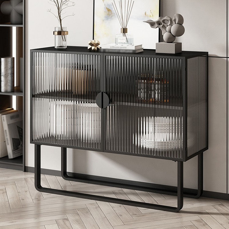 Glam Iron Credenza Striped Glass Doors 39.5"L Cabinets Dining Server for Living Room Black Clearhalo 'buffet_sideboard' 'Buffets & Sideboards' 'furn' 'furn_buffet_sideboard' 'Furniture' 'Kitchen & Dining Furniture' 5632041