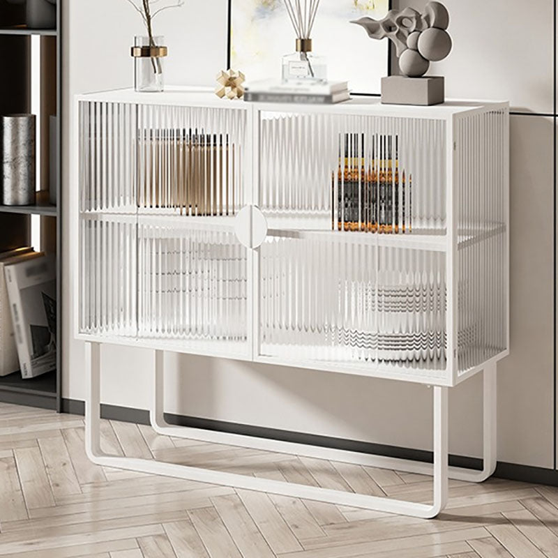 Glam Iron Credenza Striped Glass Doors 39.5"L Cabinets Dining Server for Living Room White Clearhalo 'buffet_sideboard' 'Buffets & Sideboards' 'furn' 'furn_buffet_sideboard' 'Furniture' 'Kitchen & Dining Furniture' 5632043