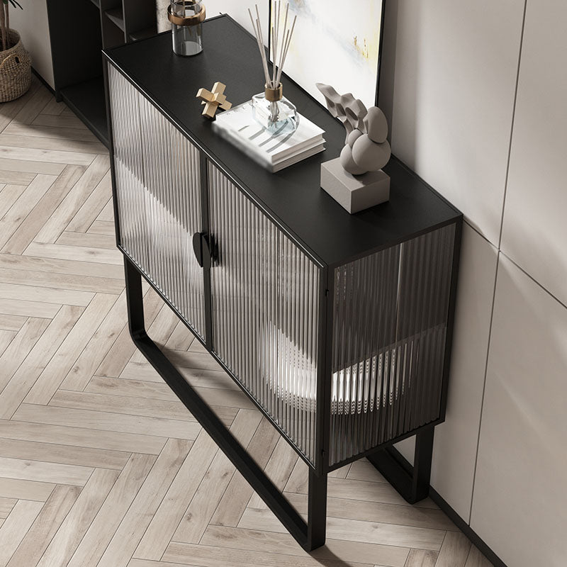 Glam Iron Credenza Striped Glass Doors 39.5"L Cabinets Dining Server for Living Room Clearhalo 'buffet_sideboard' 'Buffets & Sideboards' 'furn' 'furn_buffet_sideboard' 'Furniture' 'Kitchen & Dining Furniture' 5632044