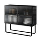 Glam Iron Credenza Striped Glass Doors 39.5"L Cabinets Dining Server for Living Room Clearhalo 'buffet_sideboard' 'Buffets & Sideboards' 'furn' 'furn_buffet_sideboard' 'Furniture' 'Kitchen & Dining Furniture' 5632047