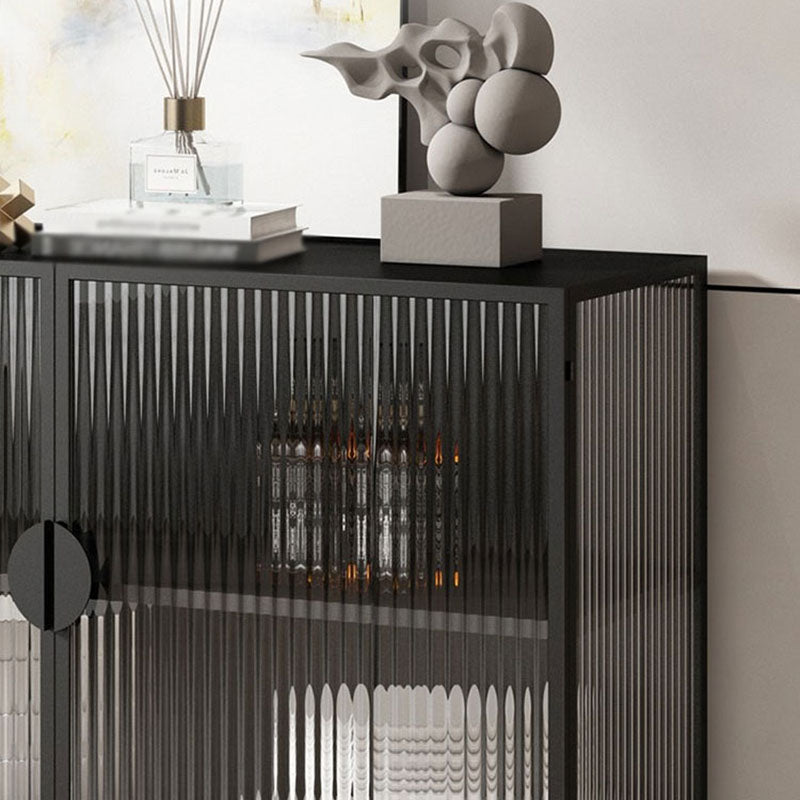 Glam Iron Credenza Striped Glass Doors 39.5"L Cabinets Dining Server for Living Room Clearhalo 'buffet_sideboard' 'Buffets & Sideboards' 'furn' 'furn_buffet_sideboard' 'Furniture' 'Kitchen & Dining Furniture' 5632049
