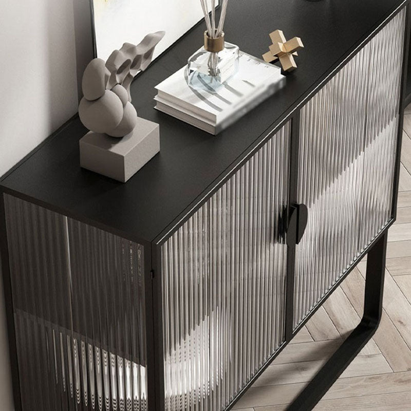 Glam Iron Credenza Striped Glass Doors 39.5"L Cabinets Dining Server for Living Room Clearhalo 'buffet_sideboard' 'Buffets & Sideboards' 'furn' 'furn_buffet_sideboard' 'Furniture' 'Kitchen & Dining Furniture' 5632051