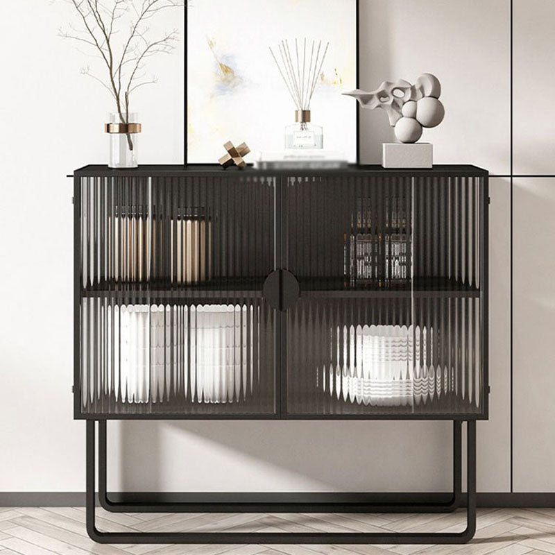 Glam Iron Credenza Striped Glass Doors 39.5"L Cabinets Dining Server for Living Room Clearhalo 'buffet_sideboard' 'Buffets & Sideboards' 'furn' 'furn_buffet_sideboard' 'Furniture' 'Kitchen & Dining Furniture' 5632052