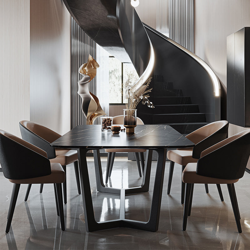 Industrial Sintered Stone Table for Restaurant Rectangle Black Table with Trestle Base Clearhalo 'Dining Tables & Seating' 'Dining Tables' 'dining_table' 'furn' 'furn_dining_table' 'Furniture' 'Kitchen & Dining Furniture' 5632381