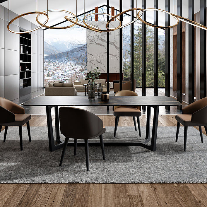 Industrial Sintered Stone Table for Restaurant Rectangle Black Table with Trestle Base Clearhalo 'Dining Tables & Seating' 'Dining Tables' 'dining_table' 'furn' 'furn_dining_table' 'Furniture' 'Kitchen & Dining Furniture' 5632391