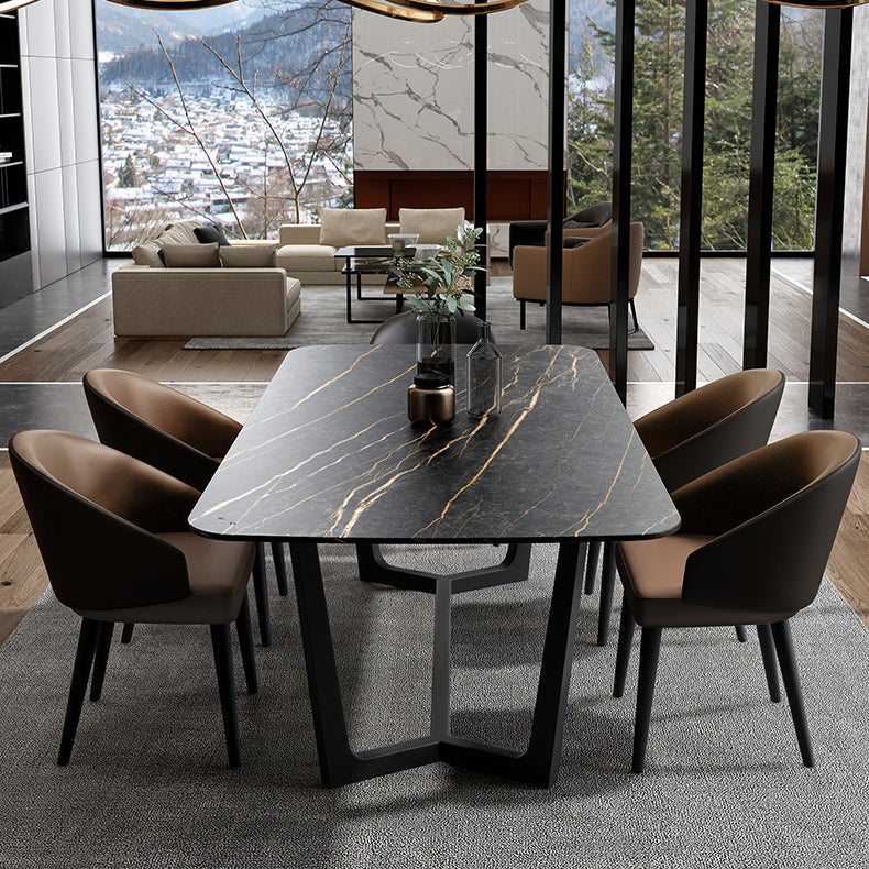 Industrial Sintered Stone Table for Restaurant Rectangle Black Table with Trestle Base Clearhalo 'Dining Tables & Seating' 'Dining Tables' 'dining_table' 'furn' 'furn_dining_table' 'Furniture' 'Kitchen & Dining Furniture' 5632393