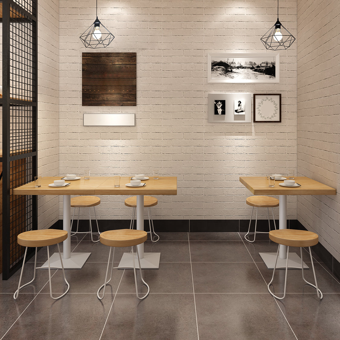 金属工業用四角いダイニングテーブルパインウッドトップテーブル付き台座