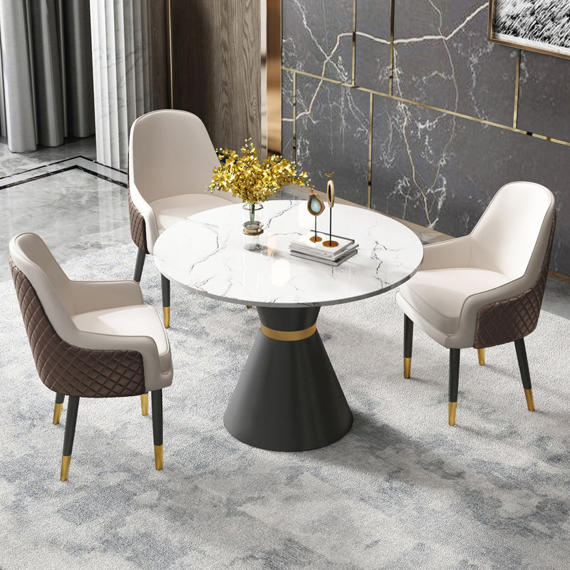 伝統的な豪華なダイニングテーブルラウンドホワイトトップの台座ダイニングテーブル