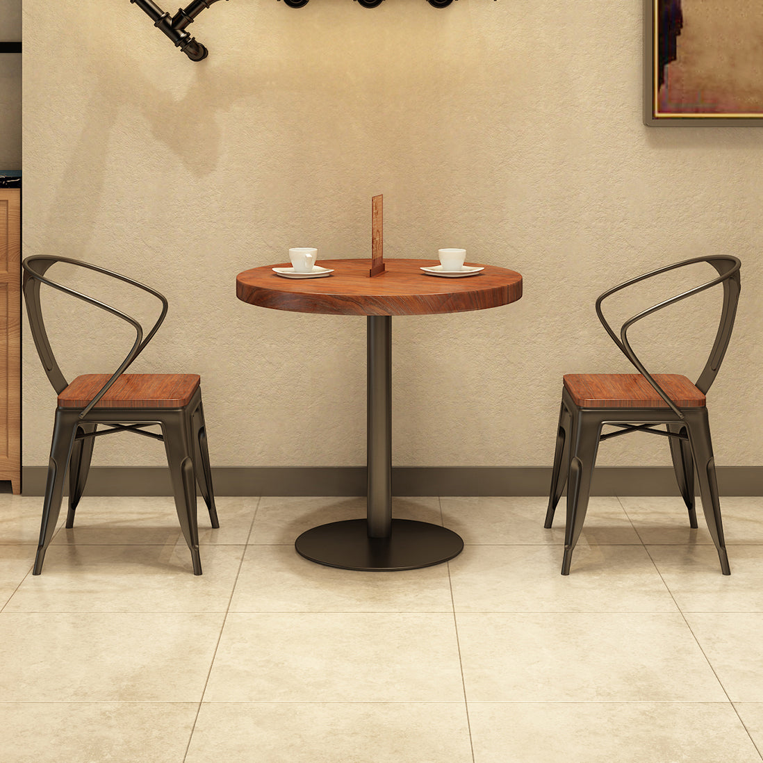 キッチンとダイニングルーム用のメタルモダンラウンド屋内テーブルパインウッドトップテーブル