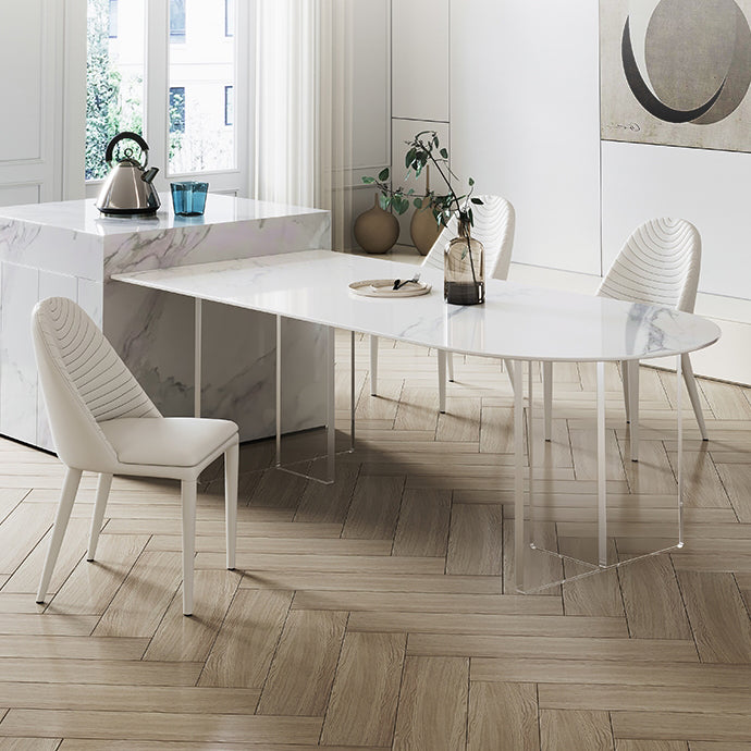 焼結石ダイニングテーブルアクリルベースのあるモダンスタイルのダイニングテーブル