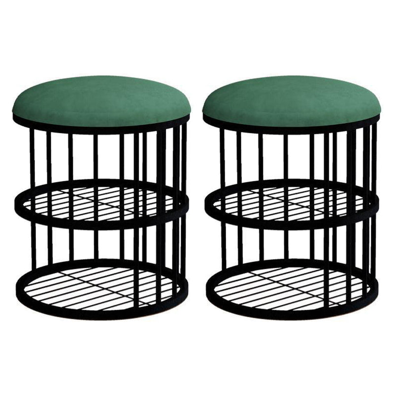 Industrial Cylinder Shape Ottoman Plain Velvet Metal Frame Shelved Storage Pouf Green-Black 2 Piece Set Clearhalo 'furn' 'furn_ottomans_poufs' 'Furniture' 'Living Room Furniture' 'Ottomans & Poufs' 'ottomans_poufs' 5635429