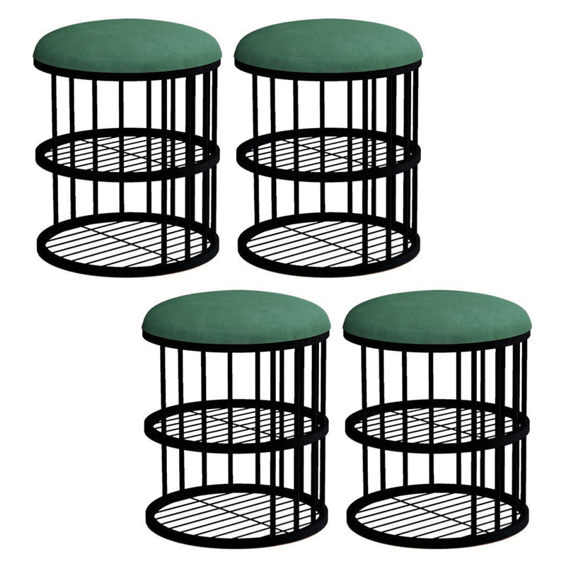 Industrial Cylinder Shape Ottoman Plain Velvet Metal Frame Shelved Storage Pouf Green-Black 4 Piece Set Clearhalo 'furn' 'furn_ottomans_poufs' 'Furniture' 'Living Room Furniture' 'Ottomans & Poufs' 'ottomans_poufs' 5635431