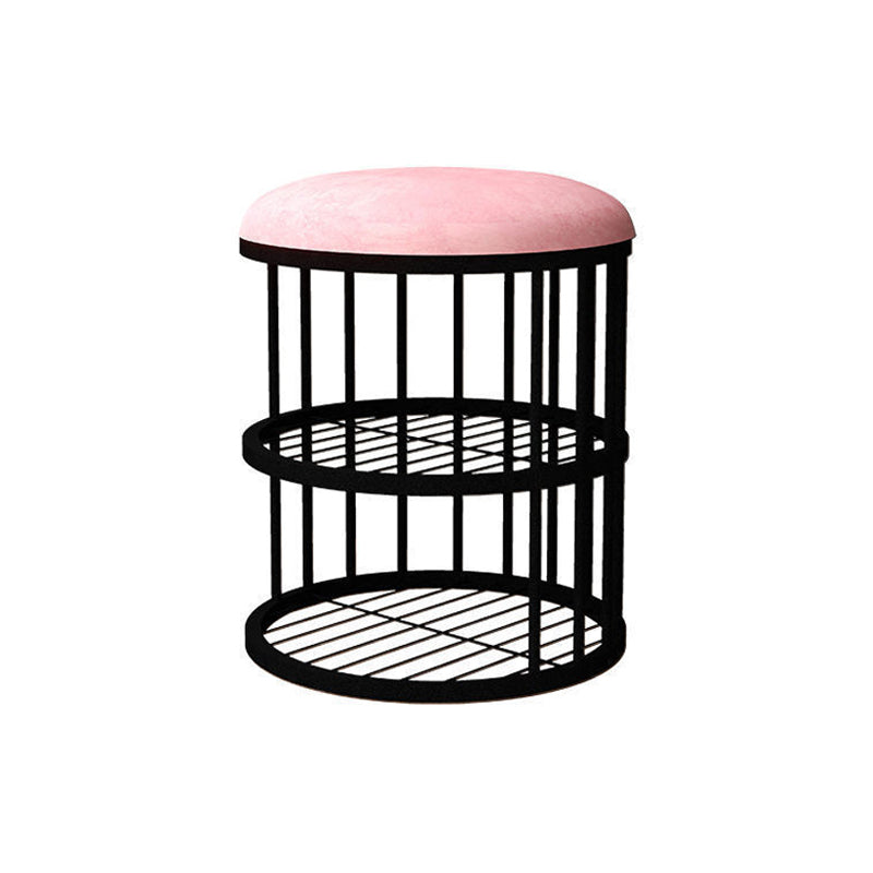 Industrial Cylinder Shape Ottoman Plain Velvet Metal Frame Shelved Storage Pouf Pink Black 1 Piece Clearhalo 'furn' 'furn_ottomans_poufs' 'Furniture' 'Living Room Furniture' 'Ottomans & Poufs' 'ottomans_poufs' 5635434