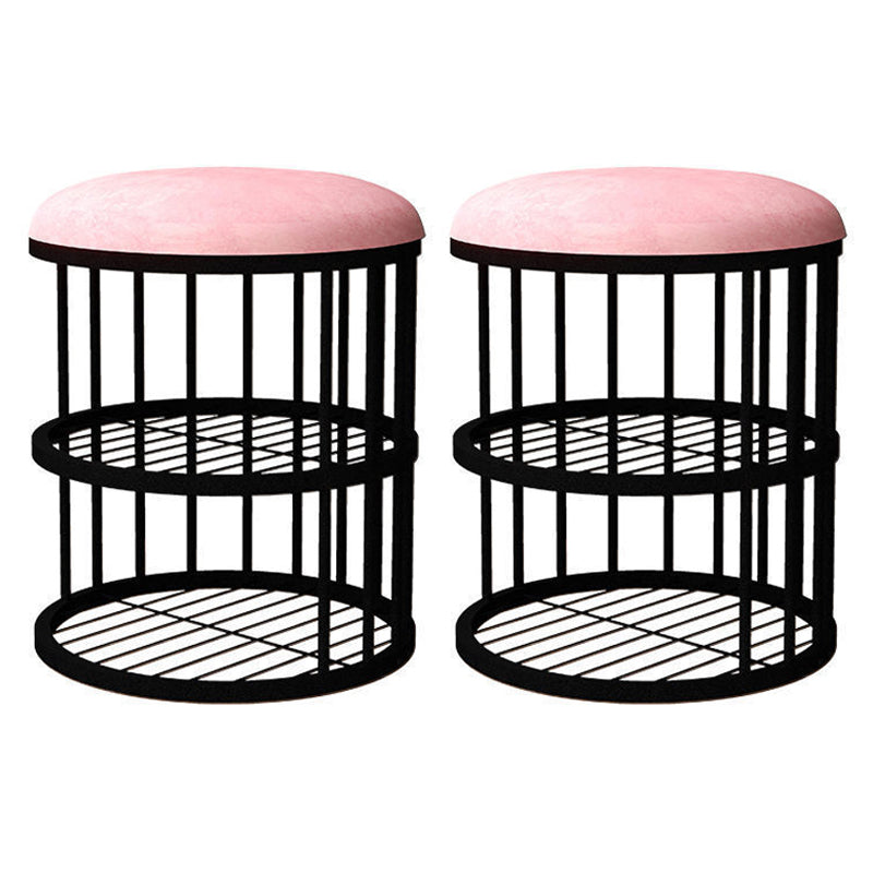 Industrial Cylinder Shape Ottoman Plain Velvet Metal Frame Shelved Storage Pouf Pink Black 2 Piece Set Clearhalo 'furn' 'furn_ottomans_poufs' 'Furniture' 'Living Room Furniture' 'Ottomans & Poufs' 'ottomans_poufs' 5635435
