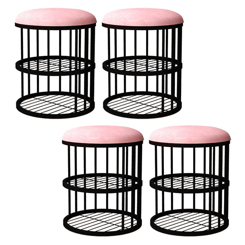 Industrial Cylinder Shape Ottoman Plain Velvet Metal Frame Shelved Storage Pouf Pink Black 4 Piece Set Clearhalo 'furn' 'furn_ottomans_poufs' 'Furniture' 'Living Room Furniture' 'Ottomans & Poufs' 'ottomans_poufs' 5635438