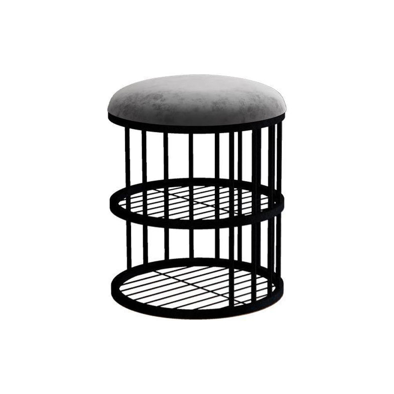 Industrial Cylinder Shape Ottoman Plain Velvet Metal Frame Shelved Storage Pouf Light Gray-Black 1 Piece Clearhalo 'furn' 'furn_ottomans_poufs' 'Furniture' 'Living Room Furniture' 'Ottomans & Poufs' 'ottomans_poufs' 5635440