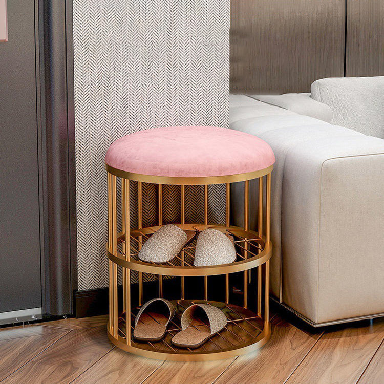 Industrial Cylinder Shape Ottoman Plain Velvet Metal Frame Shelved Storage Pouf Clearhalo 'furn' 'furn_ottomans_poufs' 'Furniture' 'Living Room Furniture' 'Ottomans & Poufs' 'ottomans_poufs' 5635441