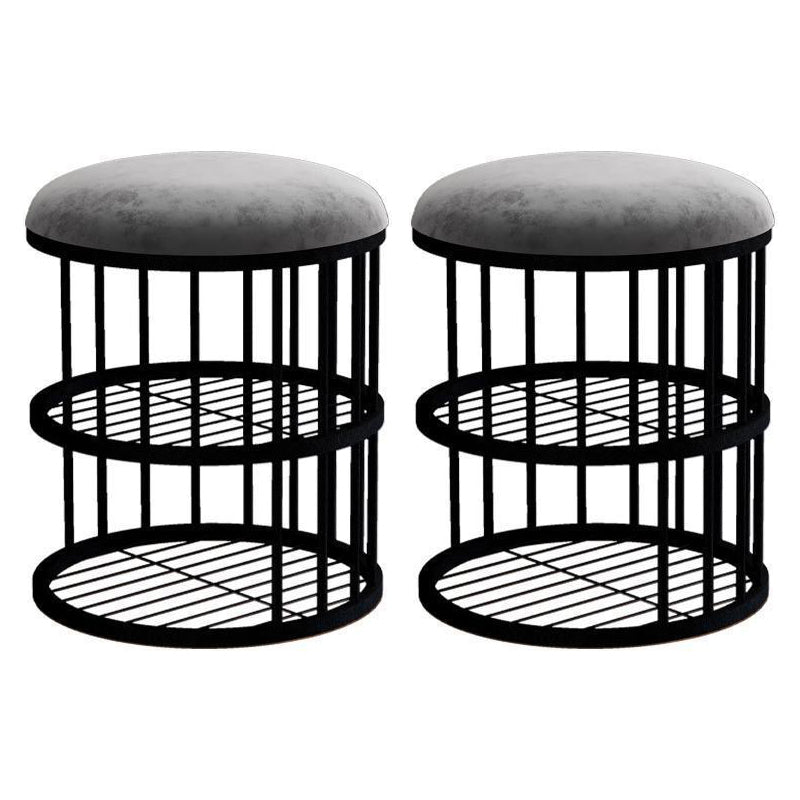Industrial Cylinder Shape Ottoman Plain Velvet Metal Frame Shelved Storage Pouf Light Gray-Black 2 Piece Set Clearhalo 'furn' 'furn_ottomans_poufs' 'Furniture' 'Living Room Furniture' 'Ottomans & Poufs' 'ottomans_poufs' 5635442