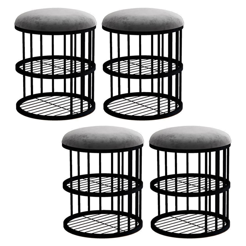 Industrial Cylinder Shape Ottoman Plain Velvet Metal Frame Shelved Storage Pouf Light Gray-Black 4 Piece Set Clearhalo 'furn' 'furn_ottomans_poufs' 'Furniture' 'Living Room Furniture' 'Ottomans & Poufs' 'ottomans_poufs' 5635444