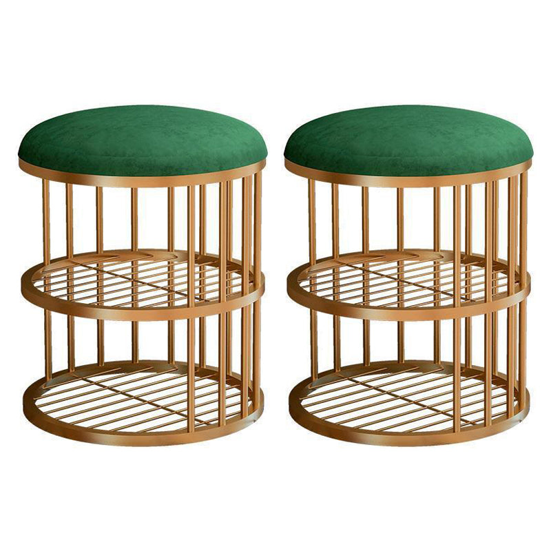 Industrial Cylinder Shape Ottoman Plain Velvet Metal Frame Shelved Storage Pouf Green Gold 2 Piece Set Clearhalo 'furn' 'furn_ottomans_poufs' 'Furniture' 'Living Room Furniture' 'Ottomans & Poufs' 'ottomans_poufs' 5635446