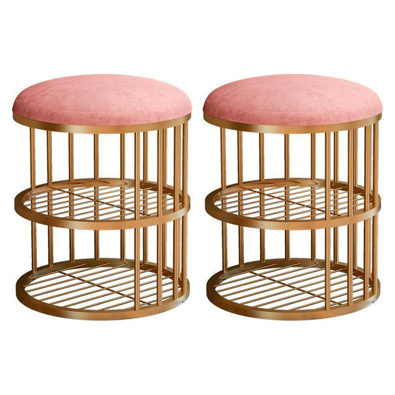 Industrial Cylinder Shape Ottoman Plain Velvet Metal Frame Shelved Storage Pouf Pink Gold 2 Piece Set Clearhalo 'furn' 'furn_ottomans_poufs' 'Furniture' 'Living Room Furniture' 'Ottomans & Poufs' 'ottomans_poufs' 5635448
