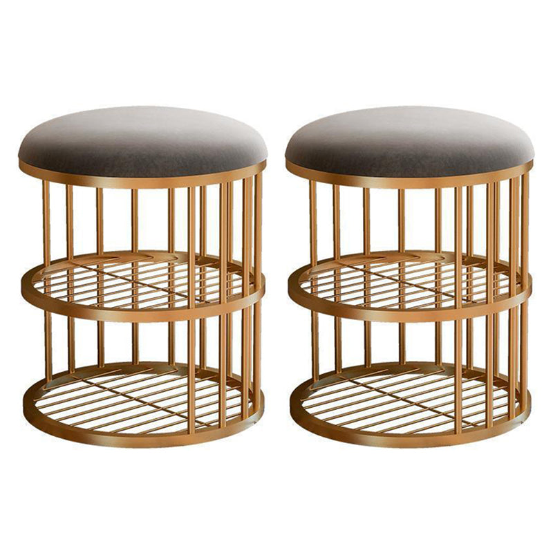 Industrial Cylinder Shape Ottoman Plain Velvet Metal Frame Shelved Storage Pouf Gray-Gold 2 Piece Set Clearhalo 'furn' 'furn_ottomans_poufs' 'Furniture' 'Living Room Furniture' 'Ottomans & Poufs' 'ottomans_poufs' 5635450