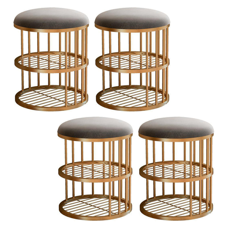 Industrial Cylinder Shape Ottoman Plain Velvet Metal Frame Shelved Storage Pouf Gray-Gold 4 Piece Set Clearhalo 'furn' 'furn_ottomans_poufs' 'Furniture' 'Living Room Furniture' 'Ottomans & Poufs' 'ottomans_poufs' 5635451