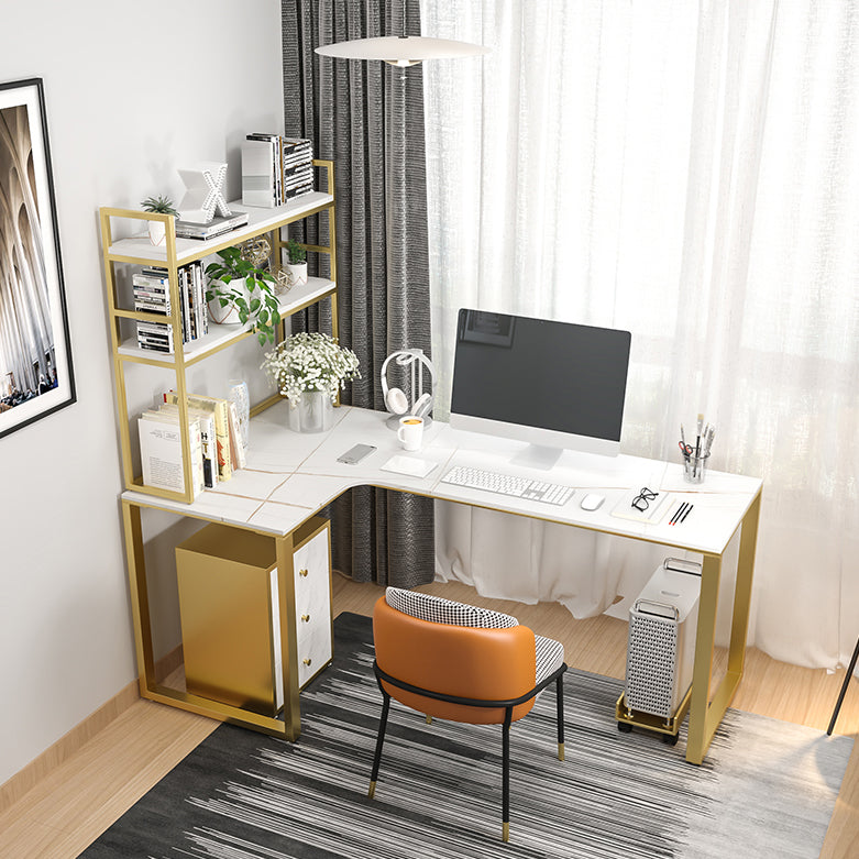 Scrivania in pietra sinterita glam camera da letto a forma di a forma di scrittura bianca con gamba in acciaio dorato