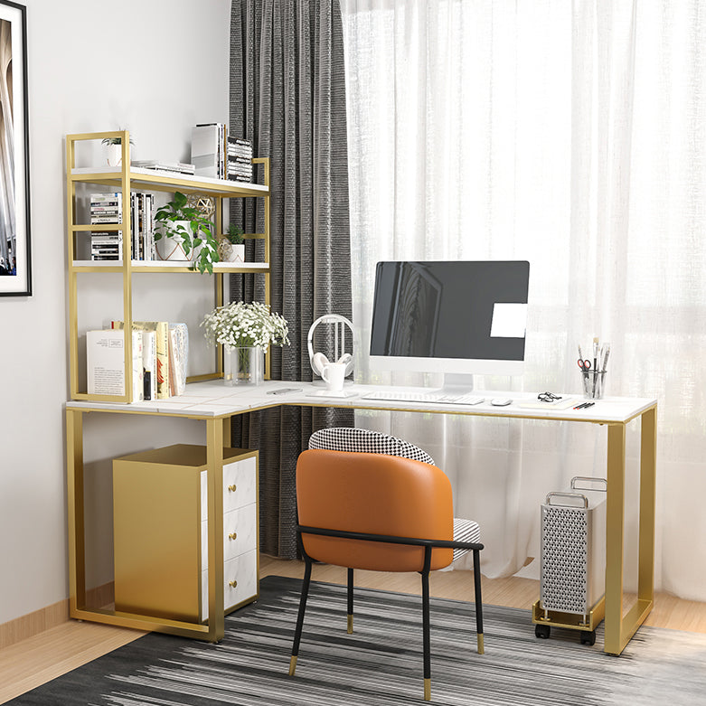 Scrivania in pietra sinterita glam camera da letto a forma di a forma di scrittura bianca con gamba in acciaio dorato