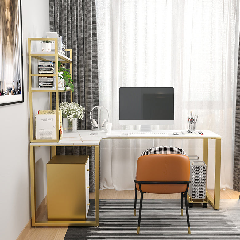 Scrivania in pietra sinterita glam camera da letto a forma di a forma di scrittura bianca con gamba in acciaio dorato