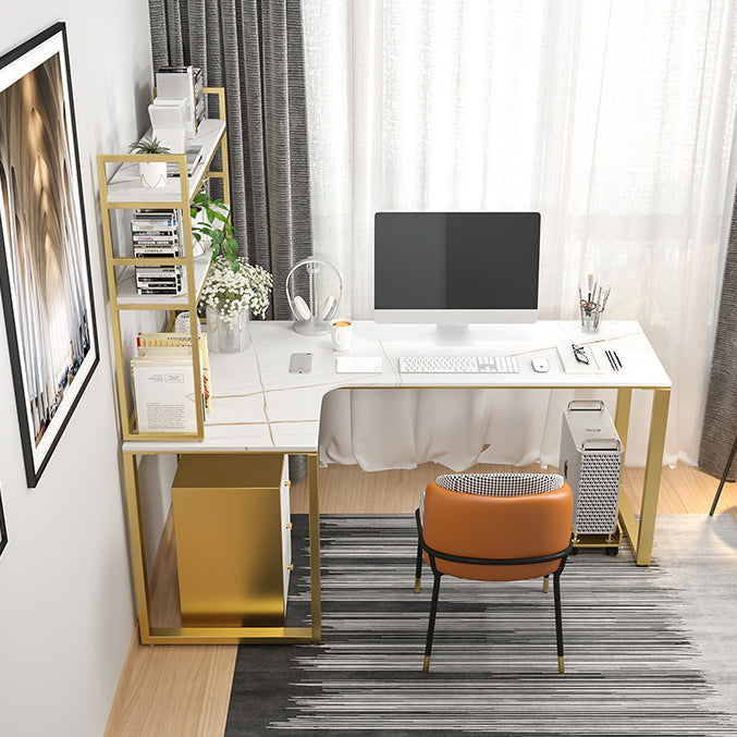 Scrivania in pietra sinterita glam camera da letto a forma di a forma di scrittura bianca con gamba in acciaio dorato