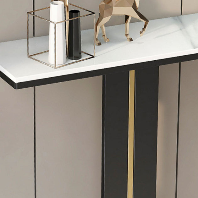 Mesa de consola superior de mármol moderna con tapa rectangular y base de pedestal