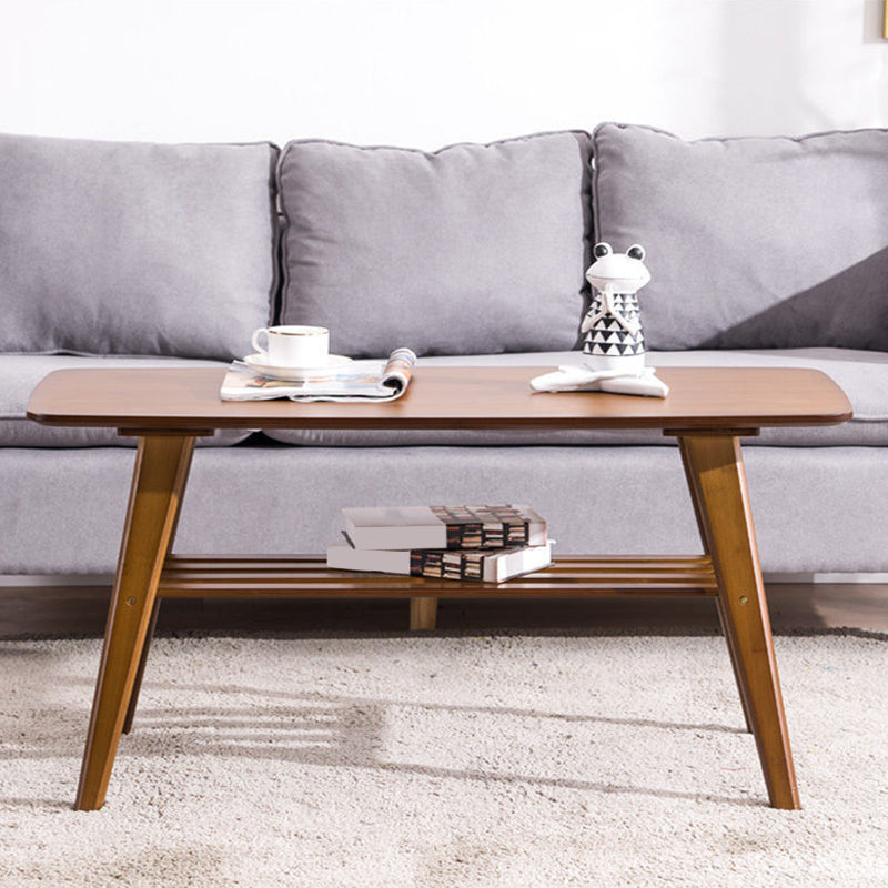 Nordic Style Rectangular Solid Wood Table with Storage Shelf 4 Legs Base Coffee Table