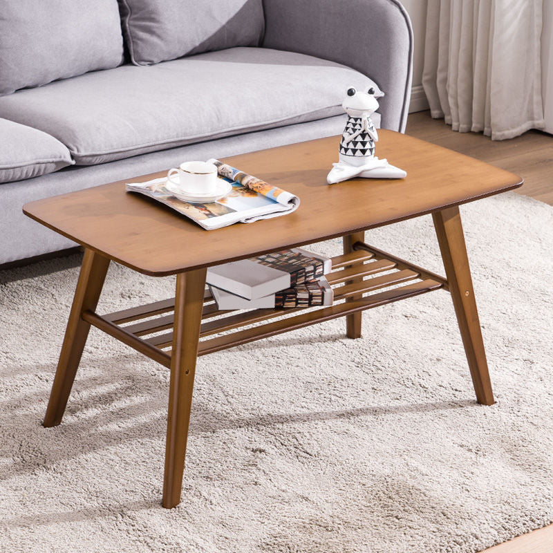 Nordic Style Rectangular Solid Wood Table with Storage Shelf 4 Legs Base Coffee Table