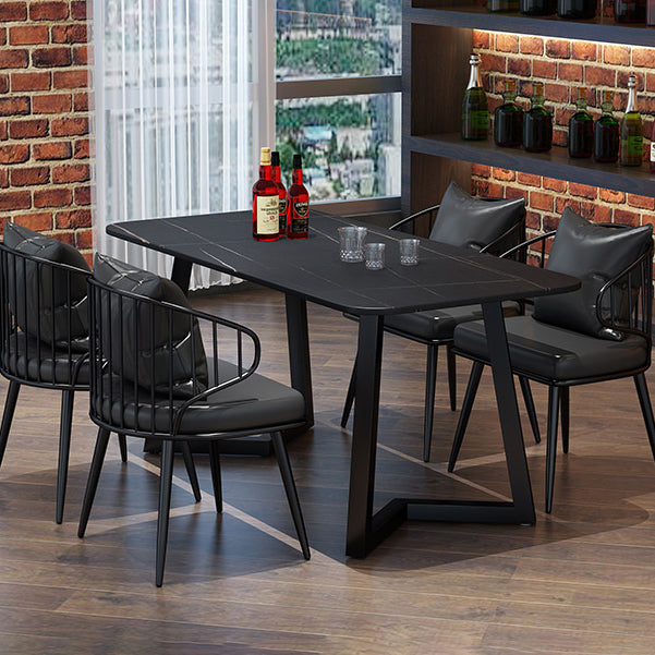 Mesa de comedor rectangular industrial de piedra sinterizada negra con base de metal