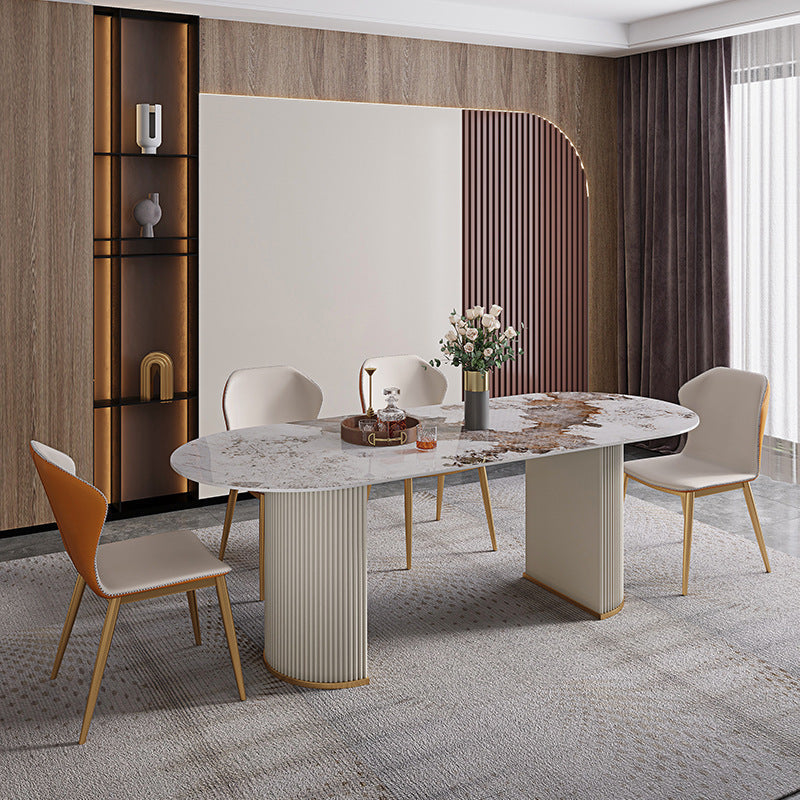 Luxury Sintered Stone Table Oval White Table with Double Pedestal 63"L x 31.5"W x 29.5"H Without Chairs Clearhalo 'Dining Tables & Seating' 'Dining Tables' 'dining_table' 'furn' 'furn_dining_table' 'Furniture' 'Kitchen & Dining Furniture' 5648556