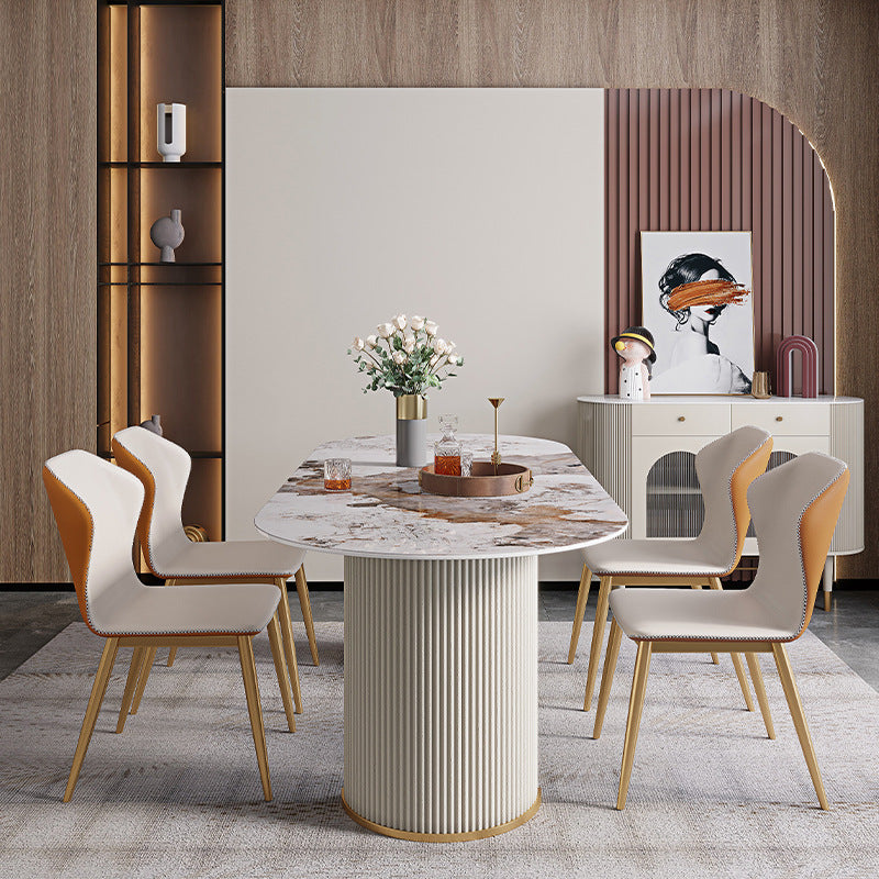 Luxury Sintered Stone Table Oval White Table with Double Pedestal Clearhalo 'Dining Tables & Seating' 'Dining Tables' 'dining_table' 'furn' 'furn_dining_table' 'Furniture' 'Kitchen & Dining Furniture' 5648559