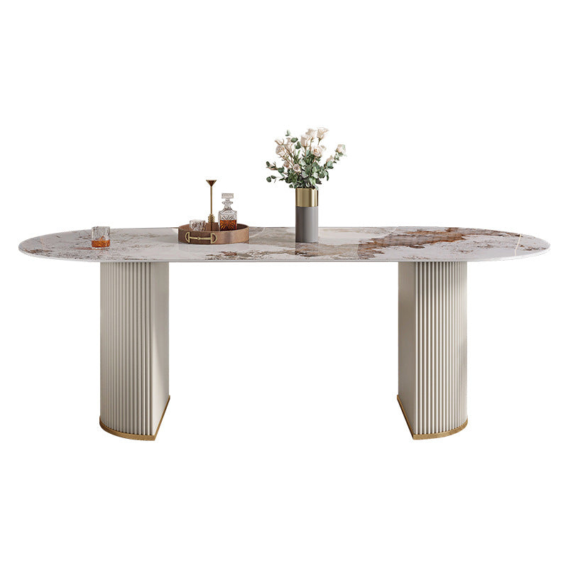Luxury Sintered Stone Table Oval White Table with Double Pedestal 70.9"L x 31.5"W x 29.5"H Without Chairs Clearhalo 'Dining Tables & Seating' 'Dining Tables' 'dining_table' 'furn' 'furn_dining_table' 'Furniture' 'Kitchen & Dining Furniture' 5648560