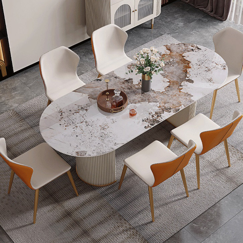 Luxury Sintered Stone Table Oval White Table with Double Pedestal Clearhalo 'Dining Tables & Seating' 'Dining Tables' 'dining_table' 'furn' 'furn_dining_table' 'Furniture' 'Kitchen & Dining Furniture' 5648564
