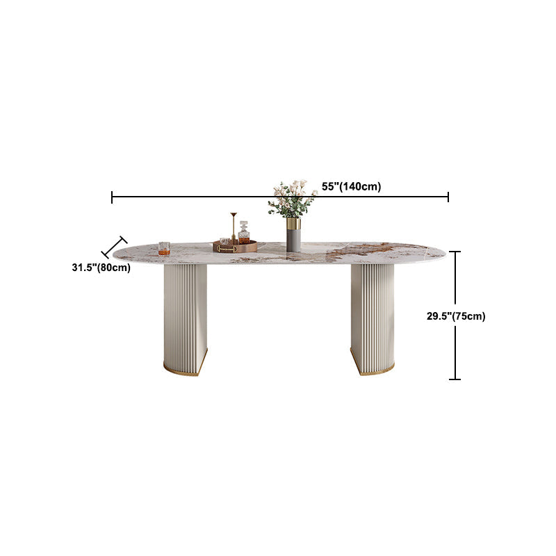 Luxury Sintered Stone Table Oval White Table with Double Pedestal Clearhalo 'Dining Tables & Seating' 'Dining Tables' 'dining_table' 'furn' 'furn_dining_table' 'Furniture' 'Kitchen & Dining Furniture' 5648565